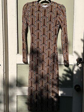 70s Retro Geometric Print Mesh Bodycon Midi Dress Size S Mid Century. EUC